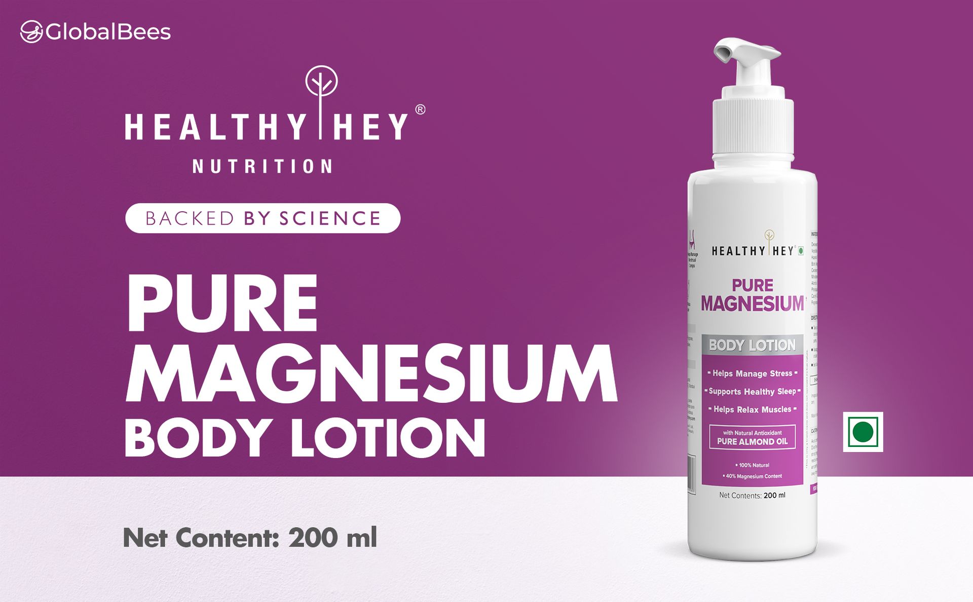 HealthyHey Pure Magnesium Body Lotion with Natural Antioxidant Pure Almond Oil - Helps Manage Stress - Supports Healthy Sleep - Helps Relax Muscles - 200ml