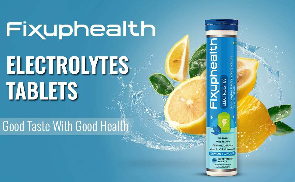 Fixuphealth Electrolyte Effervescent Tablets | Hydration Drink with Sodium, Potassium, Magnesium, Calcium & Vitamin C | Sugar Free Electrolytes for Workout, Travel & Daily Hydration | Lemon Flavour | 20 Tablets