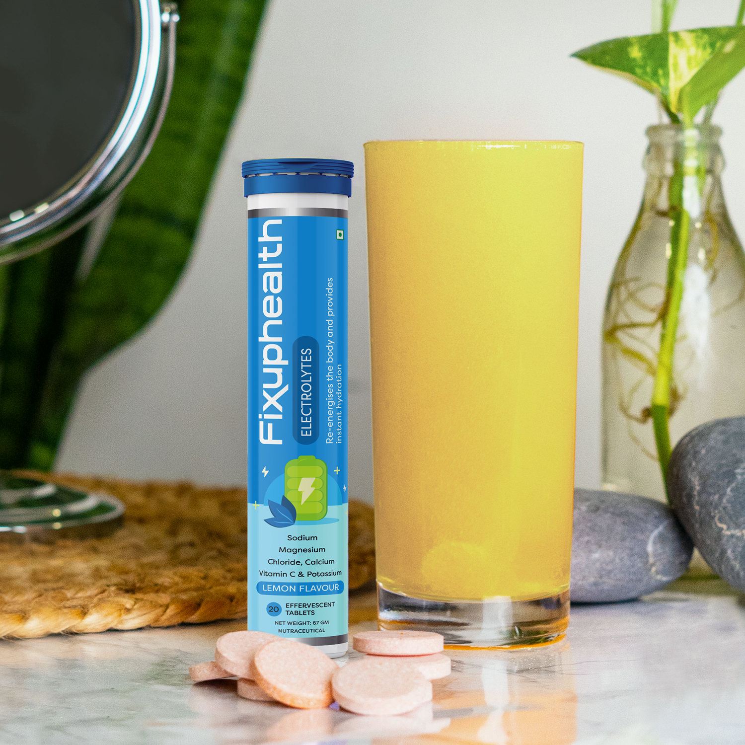 Fixuphealth Electrolyte Effervescent Tablets | Hydration Drink with Sodium, Potassium, Magnesium, Calcium & Vitamin C | Sugar Free Electrolytes for Workout, Travel & Daily Hydration | Lemon Flavour | 20 Tablets