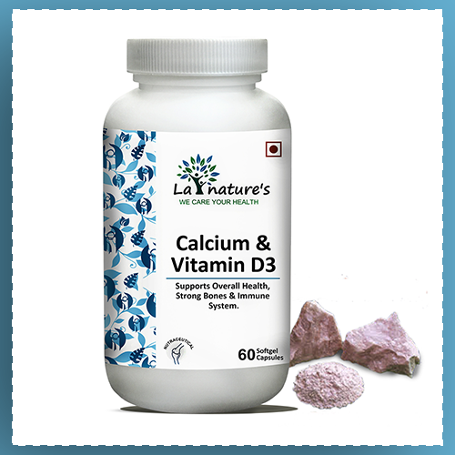 La Nature's Calcium & Vitamin D3 Capsules Calcium Carbonate 500 mg Vitamin D3 Supplement for Men & Women for - 60 Softgels