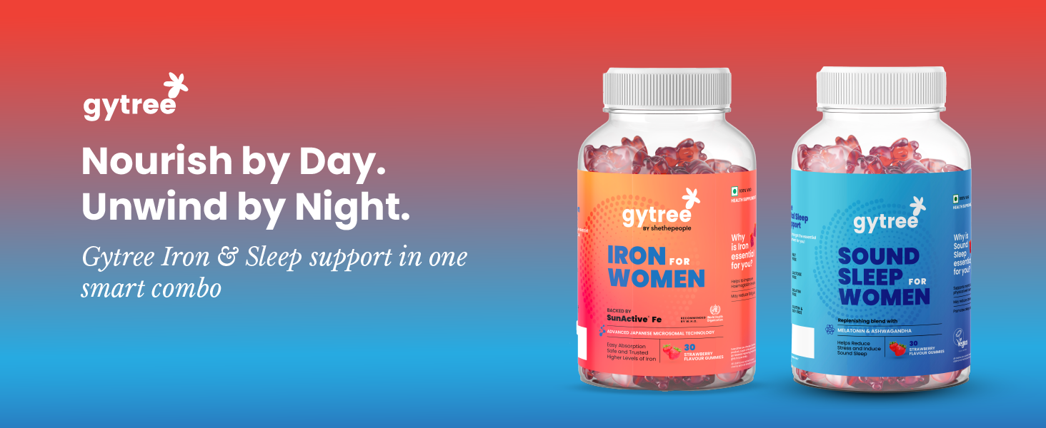 Gytree Iron & Sleep Gummies for Women | SunActive Fe for Haemoglobin & Immunity | Melatonin & Ashwagandha for Restful Sleep & Stress Relief | Pregnancy Safe, Non-Addictive | 100% Vegan | Pack of 30+30