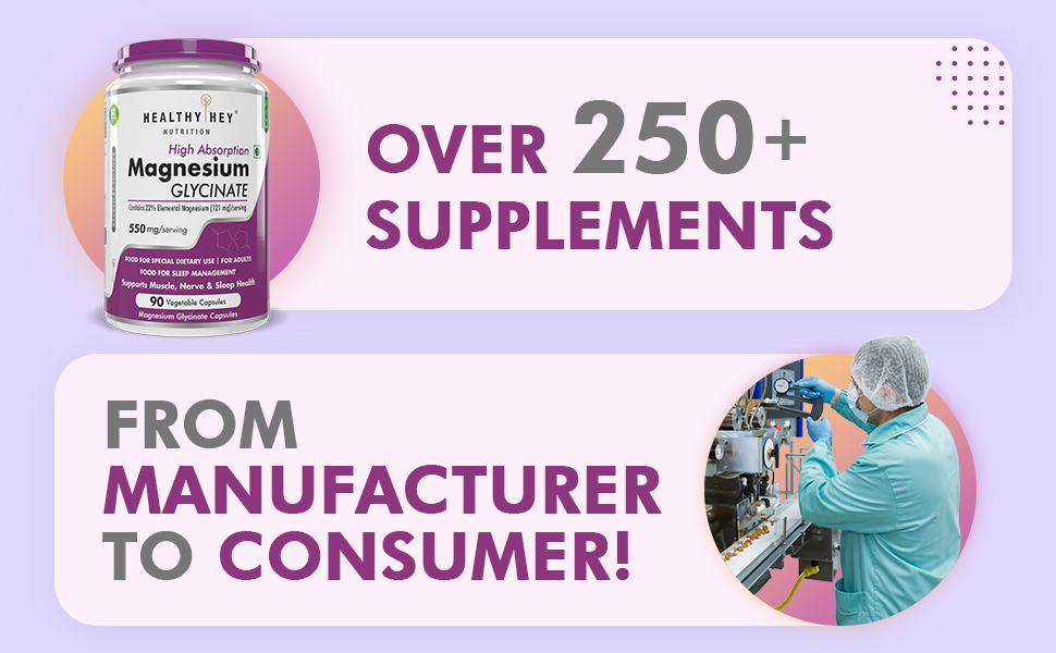 HealthyHey Nutrition High Absorption Magnesium Glycinate, 550mg - 90 Vegetable Capsules - Pack of 4