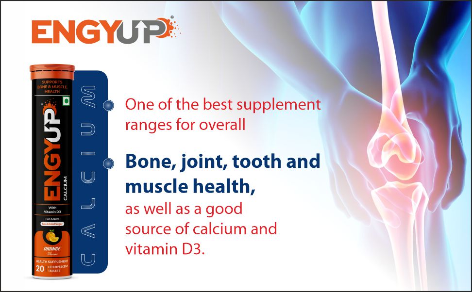 ENGYUP Calcium-500mg and Vitamin D3-400 IU | For Strong & Healthy Bone, Joints, Teeth and Muscle Supplement | 20 Effervescent Tablets | Orange Flavor
