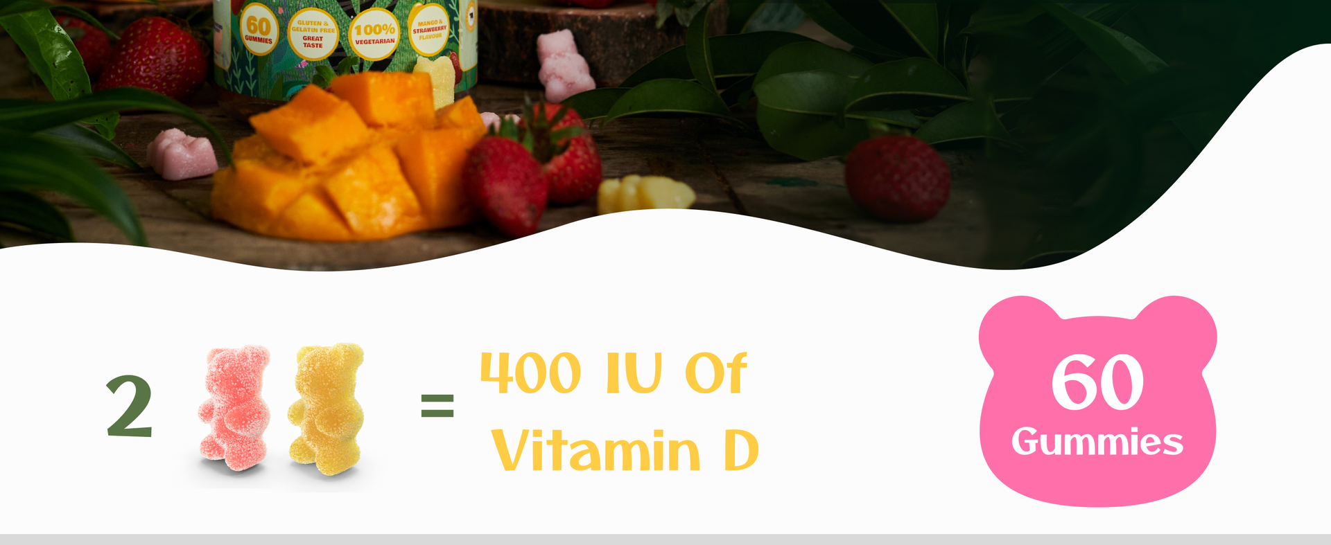 Kids Calcium & Vitamin D Gummy 2 pack| 60 X 2Gummies | For Healthy Bones, Stronger Teeth, and Growth | Delicious Mango & Strawberry Flavor | Certified Vegan by the Vegan Society of UK