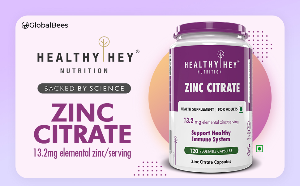 HealthyHey Nutrition Zinc Citrate, Supports Immune and Immunity - 120 Veg Capsules - Pack of 2