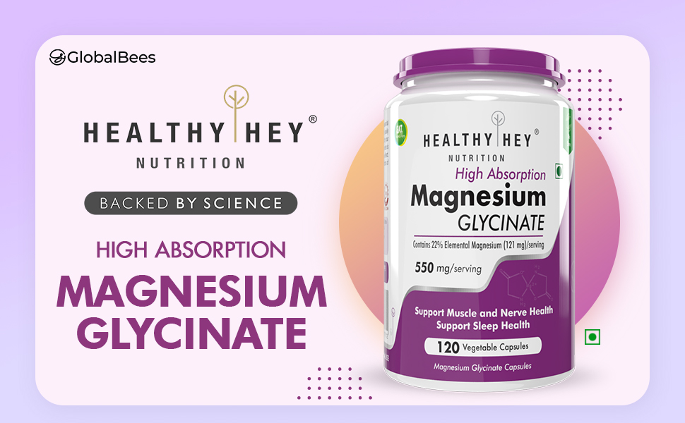 HealthyHey Nutrition High Absorption Magnesium Glycinate, 550mg - 120 Vegetable Capsules - Pack of 4