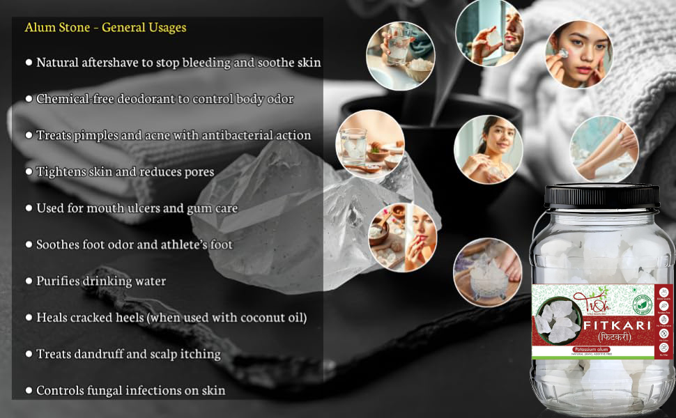 Fitkari Natural Potassium Alum Crystal, Raw, Multi-Purpose for Beauty and Hygiene,Alum Stone for Face | Fitkari Stone for Skin Tightening, Water Purification, Shaving & Teeth Care | Premium White Crystals Fitkiri Alum | Gentle & Effective Pack of (200 g)