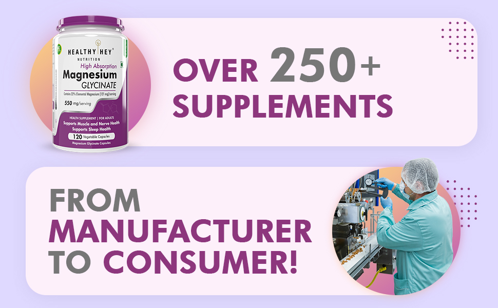 HealthyHey Nutrition High Absorption Magnesium Glycinate, 550mg - 300 Vegetable Capsules - Pack of 4