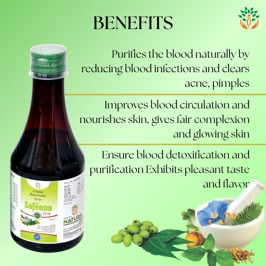 Safeena Syrup – Herbal Blood Purifier Syrup | Clears Acne, Pimples & Skin Impurities | Amla, Neem, Guduchi & Daruhaldi Blend | 200 mL | Mediwin Quality
