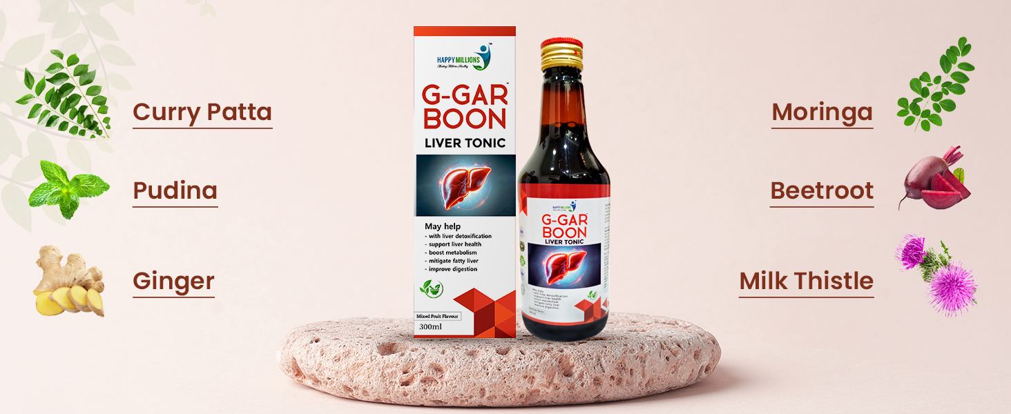 HappyMillions G-Gar Boon Liver Tonic Ayurvedic Liver Support Detox & Digestion Booster Sugar-Free Boost Metabolism Improve Digestion With Liver Deoxification 200ml