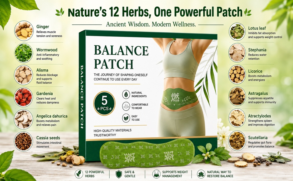 Herbal Balance Patch, Plant-Based Ingredients, Comfortable Adhesive Design, Balance Belly Button Patch Natural Detox & Slimming Waist Sticker Easy Topical Use (5pc in 1 Pack)
