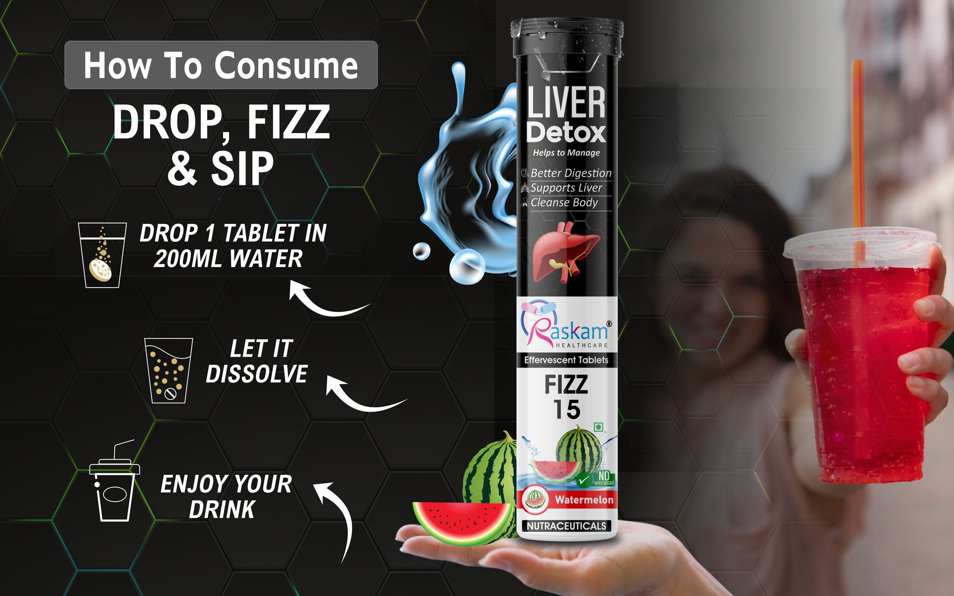 Liver Detox Effervescent – Plant-Based Detox with 9 Ayurvedic Herbs | Sugar-Free | Refreshing Watermelon Flavor | Drop, Fizz, Sip | Fizz 15 Tablets Pack of 6