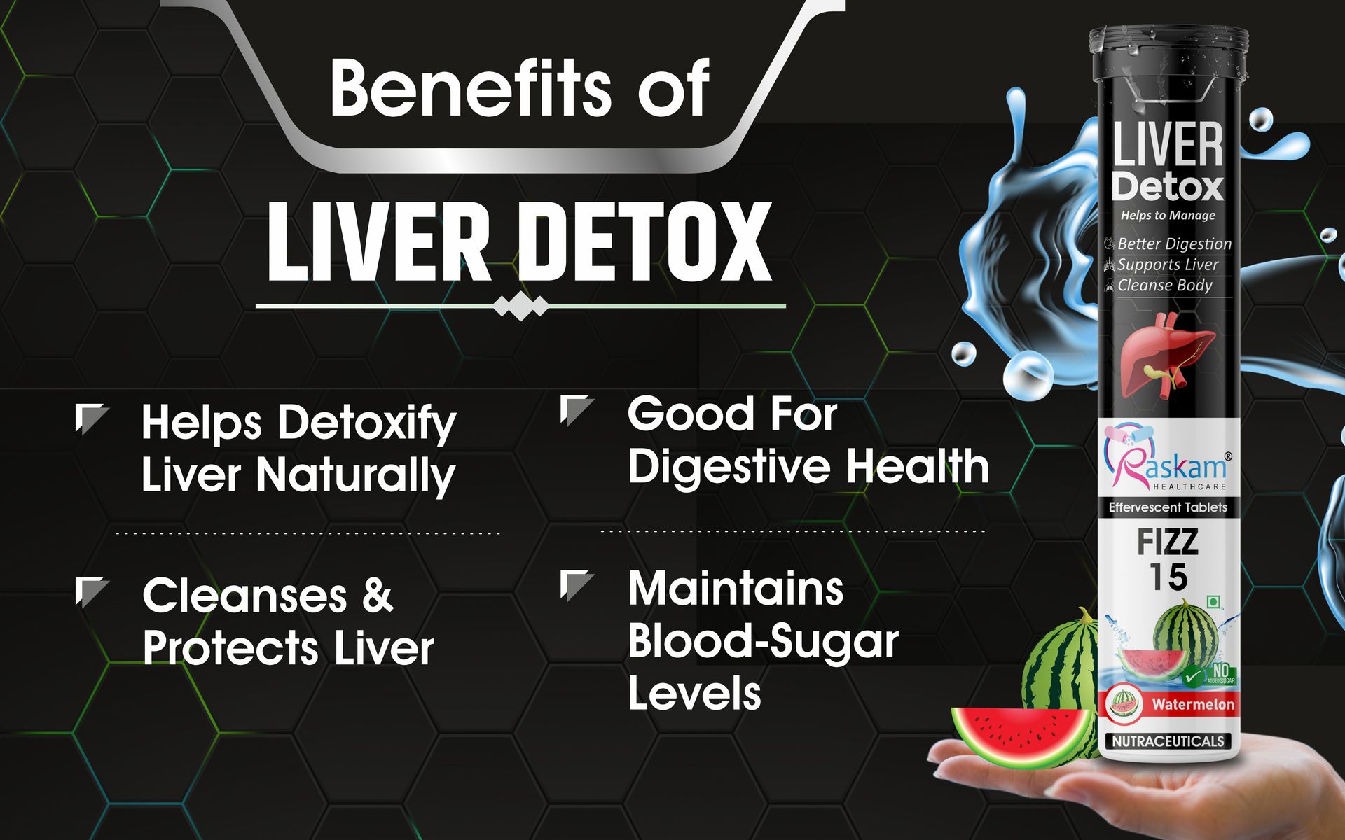 Liver Detox Effervescent – Plant-Based Detox with 9 Ayurvedic Herbs | Sugar-Free | Refreshing Watermelon Flavor | Drop, Fizz, Sip | Fizz 15 Tablets Pack of 5