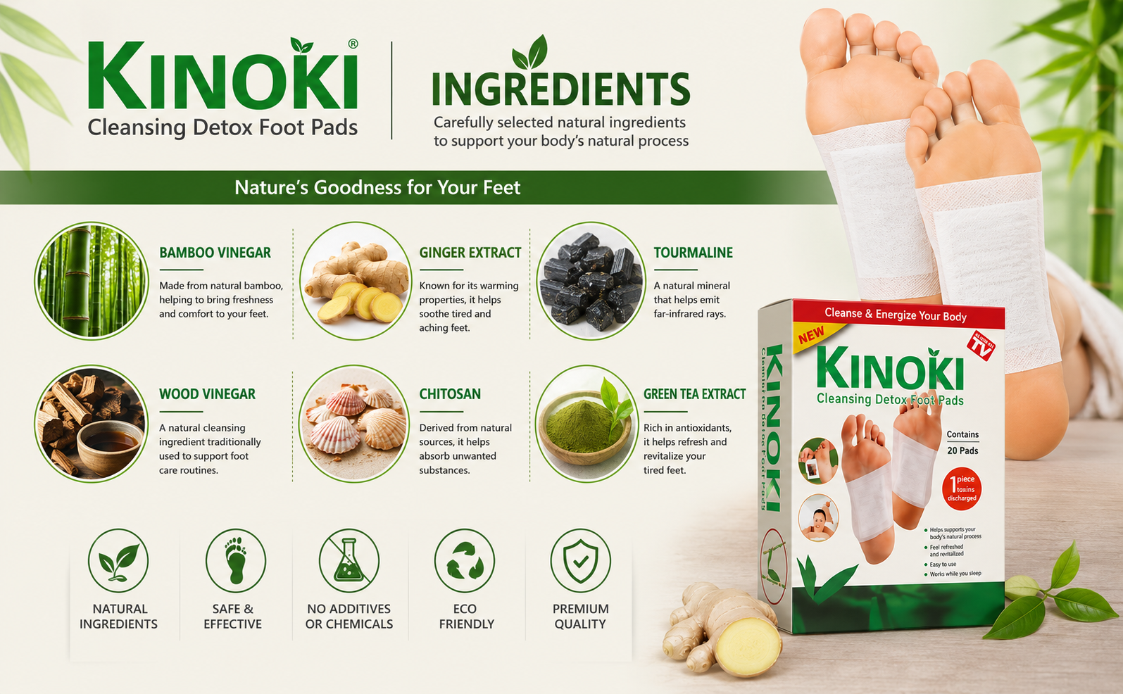 CHICAGOZONE 20 PCS Kinoki Cleansing Foot Pads | Natural Bamboo Vinegar Foot Patch for Overnight Foot Care | Self Adhesive Foot Patches for Relaxation & Daily Wellness | Comfortable Night Foot Stickers | Unisex