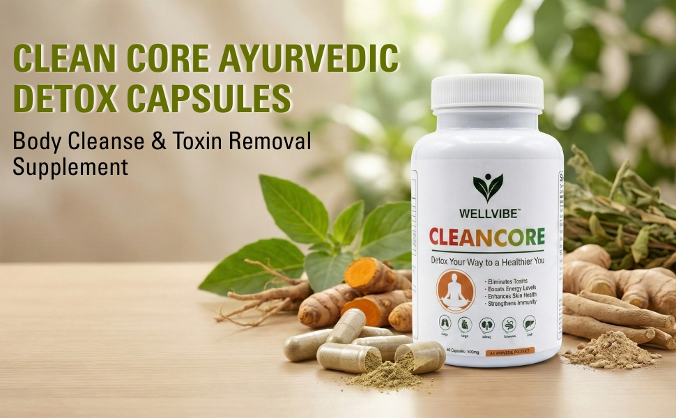 Clean Core Ayurvedic Detox Capsules 500mg | Body Cleanse & Toxin Removal Supplement | Supports Liver Kidney Gut Health | Boosts Energy & Immunity | 60 Capsules Wellvibe