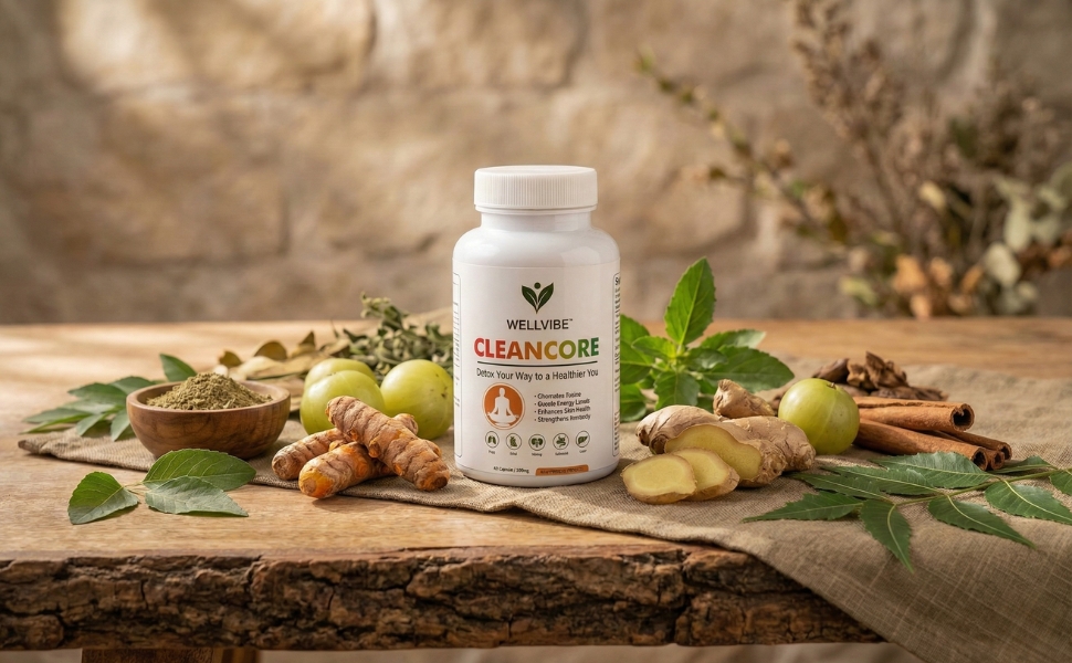 Clean Core Ayurvedic Detox Capsules 500mg | Body Cleanse & Toxin Removal Supplement | Supports Liver Kidney Gut Health | Boosts Energy & Immunity | 60 Capsules Wellvibe
