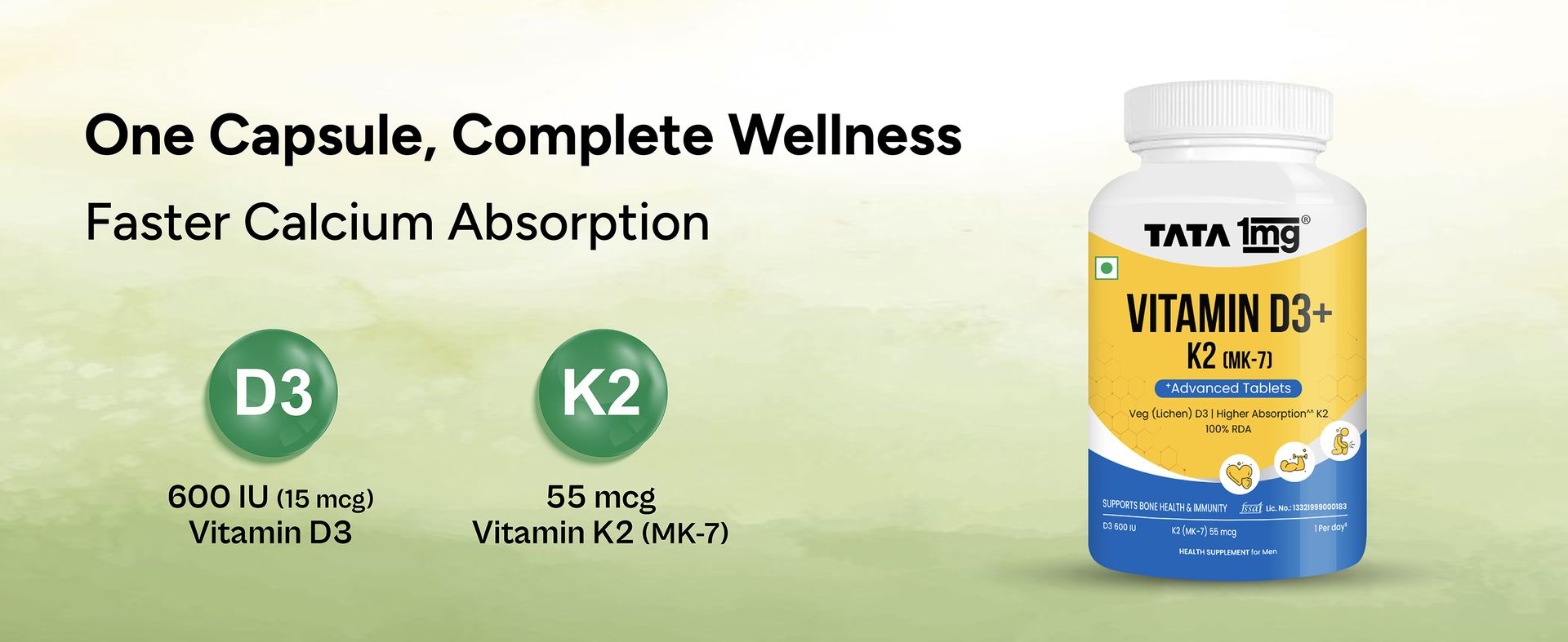 Tata 1mg Vitamin D3 + K2 (MK-7) | Supports Stronger Bones, Immunity & Calcium Absorption | 600 IU Vitamin D3 + 55 mcg K2 | Lichen Sourced, 100% Veg (60 Tablets)