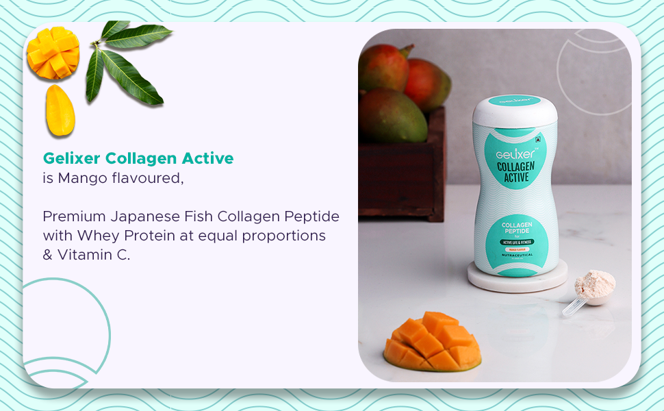 Active (Mango Flavour) Collagen Powder 250g, Japanese Marine Collagen Peptide with Whey Protein, Rich in Protein for Active Lifestyle, Fitness & Glow
