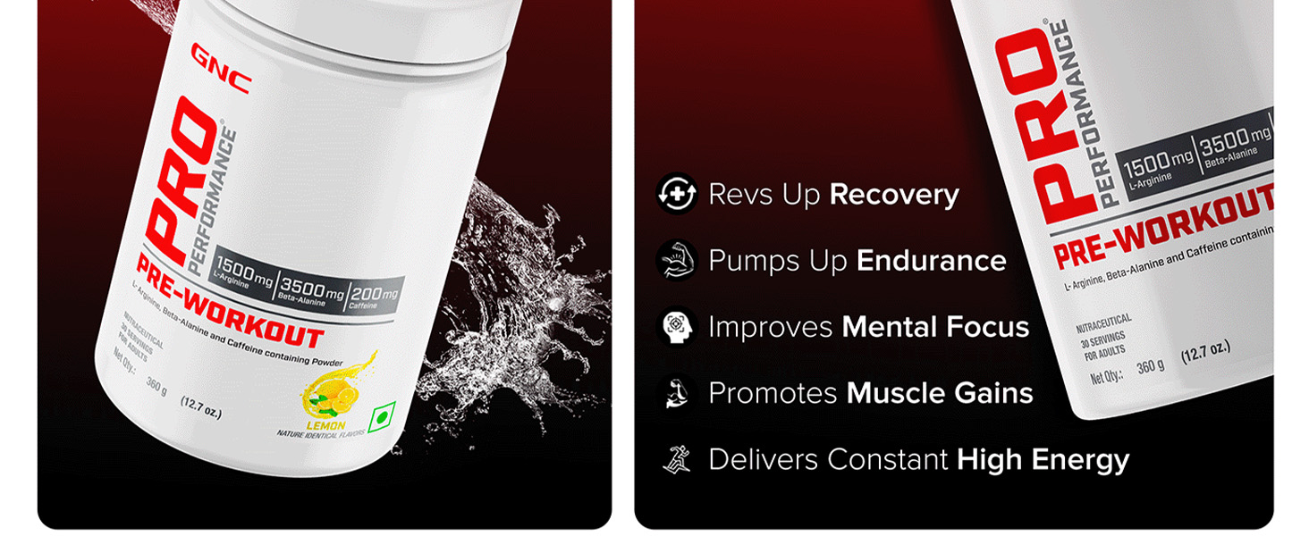 GNC Pro Performance Pre-Workout | 360 gm | 30 Servings | Boosts Pump & Energy | Speeds Up Recovery | 1500 mg L-Arginine | 3500 mg Beta-Alanine | 200 mg Caffeine | Lemon