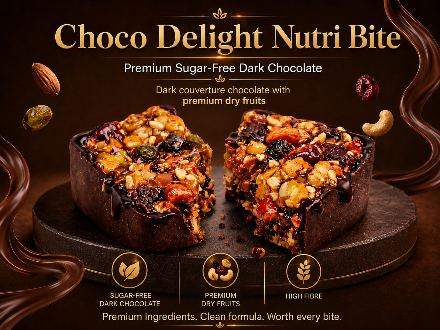 HealthyCrave Cuisine Choco Delight Nutri Bite | Sugar-Free Chocolate with Dry Fruits | High Fiber Energy Bites | Tiffin-Ready Snack | (100 g, Sugar Free -Dark Chocolate)