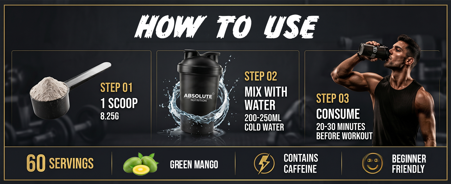 Absolute Nutrition SHROOMS Pre Workout Powder (60 Servings, 500g) | With Beta Alanine, L-Citrulline DL-Malate 2:1, Cocoa Bean Extract & Bitter Orange | (Green Mango)