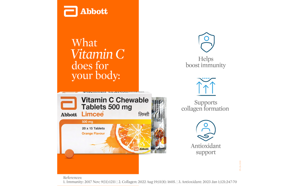 Limcee Chewable Natural Vitamin C Chewable Tablets 500mg || Tangy Orange Flavour || Boost Immunity || Supports Energy || Antioxidant || Skin Care || Men and Women -15 Tabs (Pack of 2)