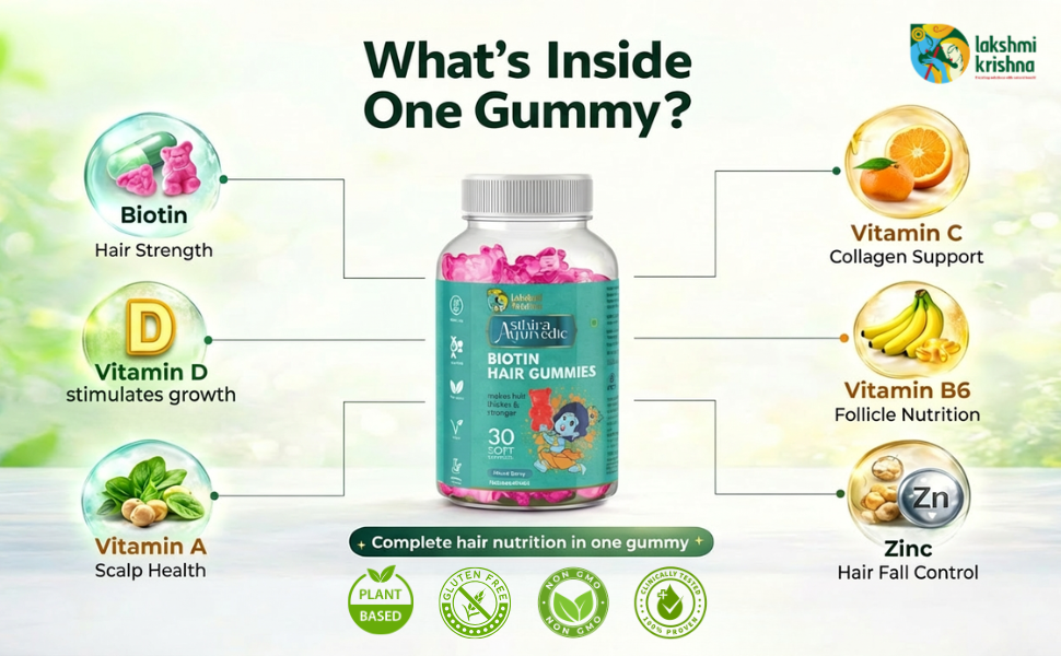 Lakshmi Krishna Naturals Biotin Hair Gummies | Supports Hair Growth & Hair Fall Control | With Zinc, Vitamins & Prebiotics | No Added Sugar | 30 Gummies