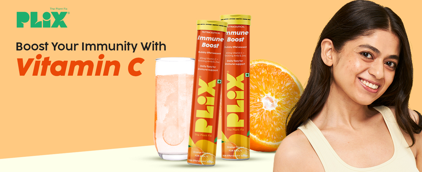 PLIX - THE PLANT FIX Vitamin C Immunity Booster 15 Effervescent Tablets,Pack Of 1 (Orange Flavour),Contains Amla And Zinc,Helps Improve Mood,Increases Energy Levels,Gluten-Free,Non-Gmo,Vegan