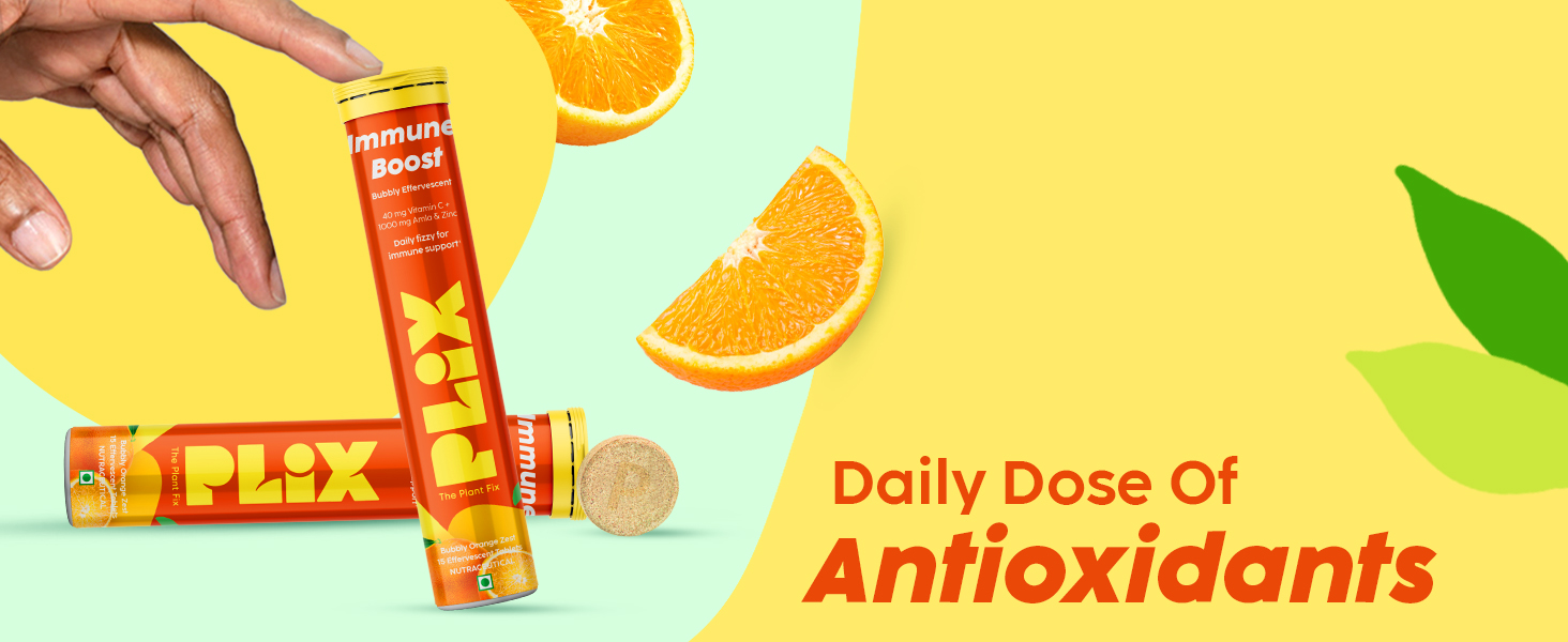 PLIX - THE PLANT FIX Vitamin C Immunity Booster 15 Effervescent Tablets,Pack Of 1 (Orange Flavour),Contains Amla And Zinc,Helps Improve Mood,Increases Energy Levels,Gluten-Free,Non-Gmo,Vegan