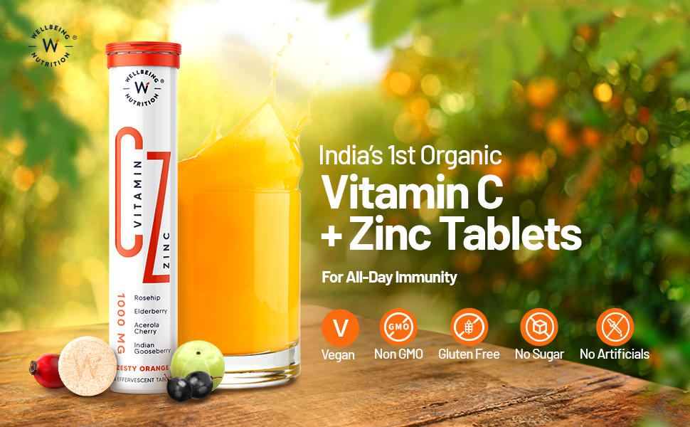 Wellbeing Nutrition Natural Vitamin C + Zinc 1000mg with Amla, Rose Hip, Acerola Cherry | Organic Immunity Booster, Helps Build Collagen for Healthy Hair, Skin & Nails, 16 Effervescent Tablets