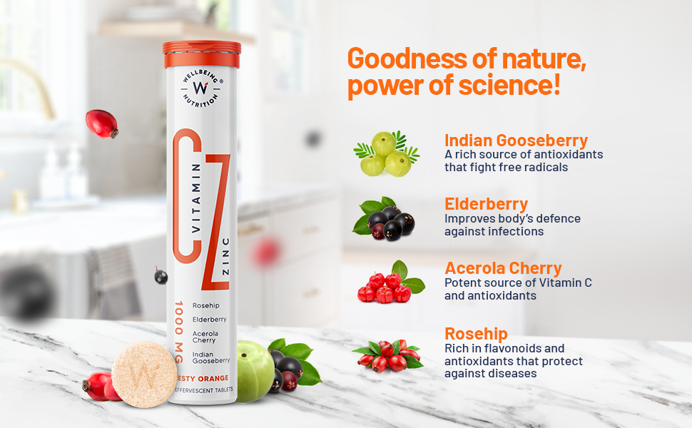 Wellbeing Nutrition Natural Vitamin C + Zinc 1000mg with Amla, Rose Hip, Acerola Cherry | Organic Immunity Booster, Helps Build Collagen for Healthy Hair, Skin & Nails, 16 Effervescent Tablets