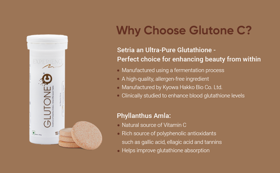 Glutone-C Daily Glow Effervescent Tablets | 500mg Setria L-Glutathione, Vitamin C from Amla Extract & Selenium | Refreshing Daily Glow Support Drink | Orange Flavour | 15 Tablets