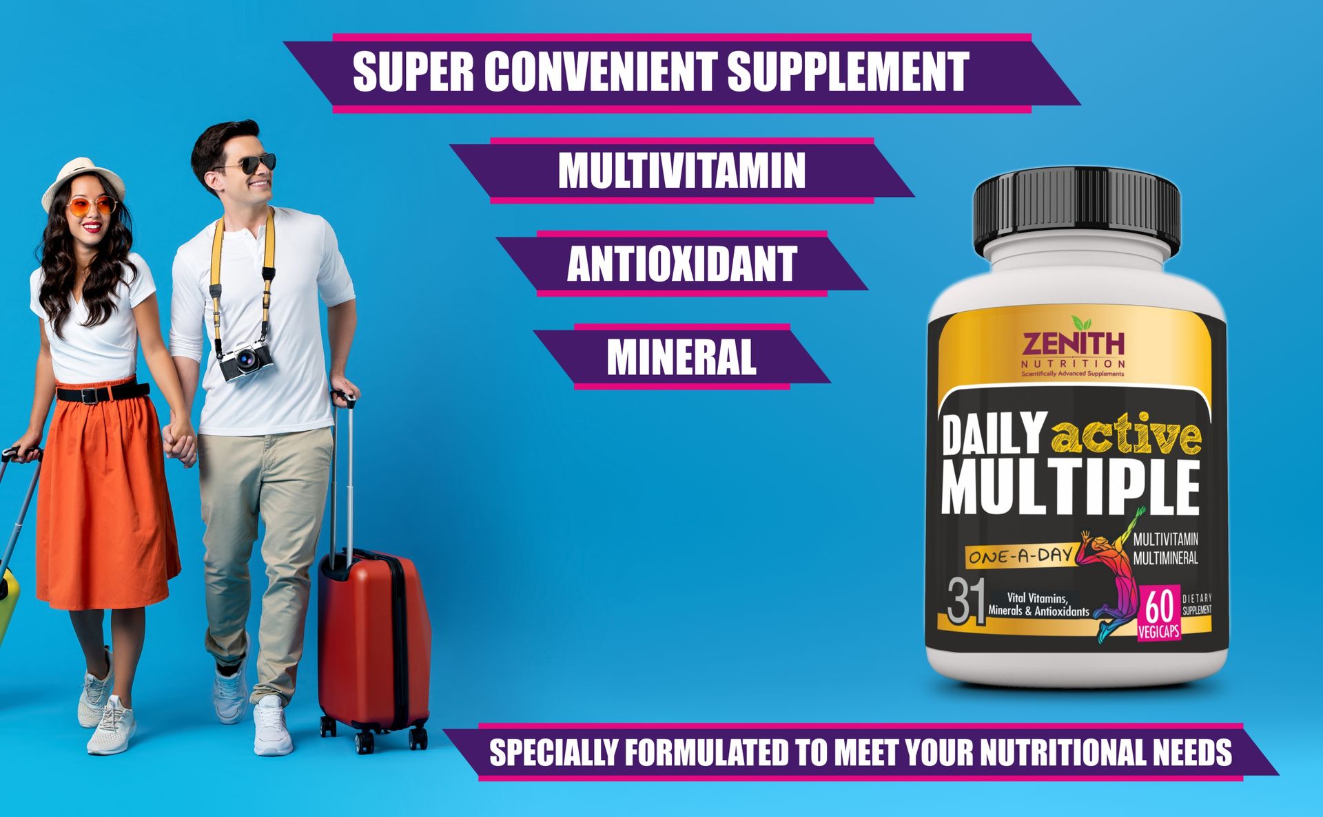 Zenith Nutrition Multivitamin for Men & Women with Astaxanthin, Piperine & Ginseng - 60 veg capsules | Daily Active Multiple with Antioxidant, Mineral & Vitamin Blend