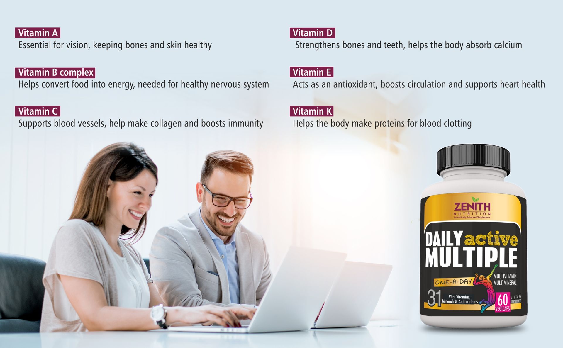 Zenith Nutrition Multivitamin for Men & Women with Astaxanthin, Piperine & Ginseng - 60 veg capsules | Daily Active Multiple with Antioxidant, Mineral & Vitamin Blend
