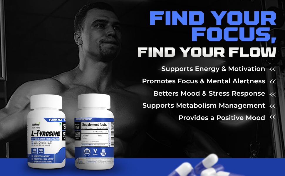 NutriJa L-Tyrosine 500mg Capsules | Free Form Amino Acid Supplement | For Focus, Mental Alertness & Active Lifestyle Routine | 60 Capsules
