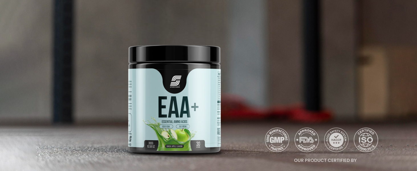 Sparkfusion 8500 mg Eaa+ & 6000mg Bcaa (300 gm) Essential Amino Acids | Pre/Intra Workout and Muscle Growth & Recovery | All 9 Essential Amino Acid EAA Powder (Smash Apple)
