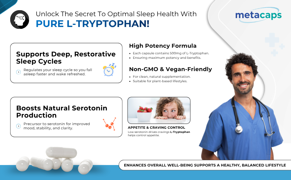 MetaCaps Pure L-Tryptophan 500mg – 90 Veg Capsules | Essential Amino Acid for Serotonin & Melatonin Support | Natural Sleep Aid & Mood Regulator | Supports Relaxation & Stress Relief | Non-GMO & Vegan