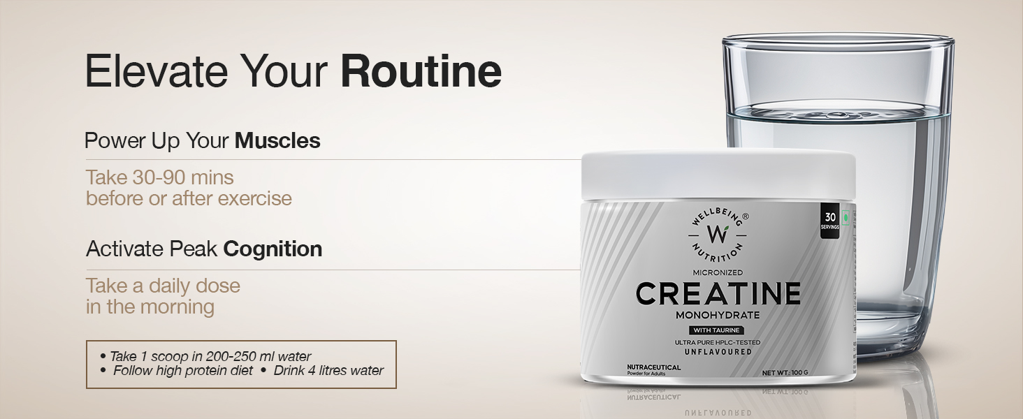 Wellbeing Nutrition Creatine Monohydrate Pure Micronised Powder | Rapid Absorption | Enhanced Muscle Strength, Performance, Recovery & Cognition | For Men & Women | Unflavoured 100g, 33 servings