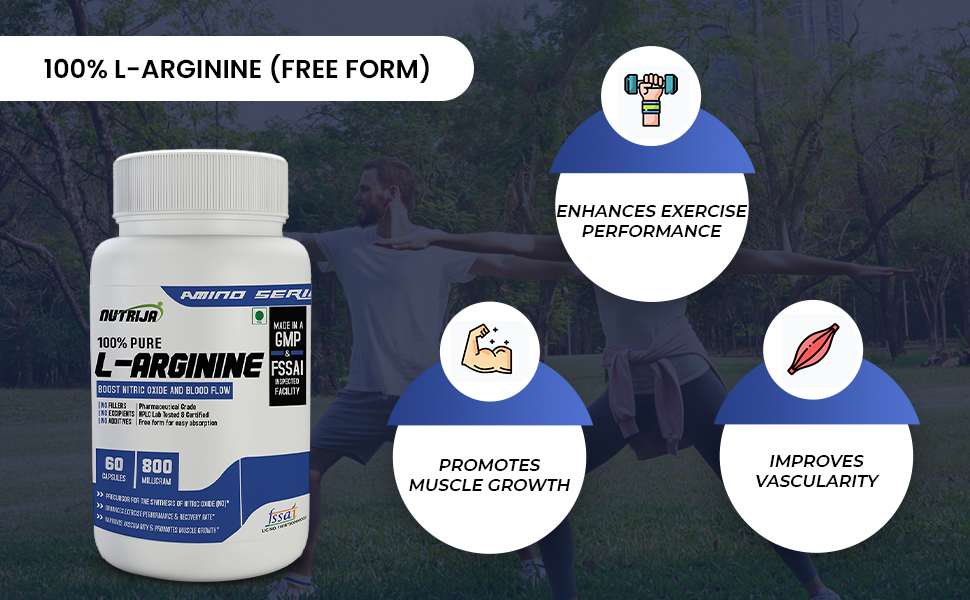 NutriJa L-Arginine 800mg Capsules | 100% Free Form L-Arginine | 60 Veg Capsules | Amino Acid Supplement for Pre Workout Routine, Blood Flow Support & Active Lifestyle