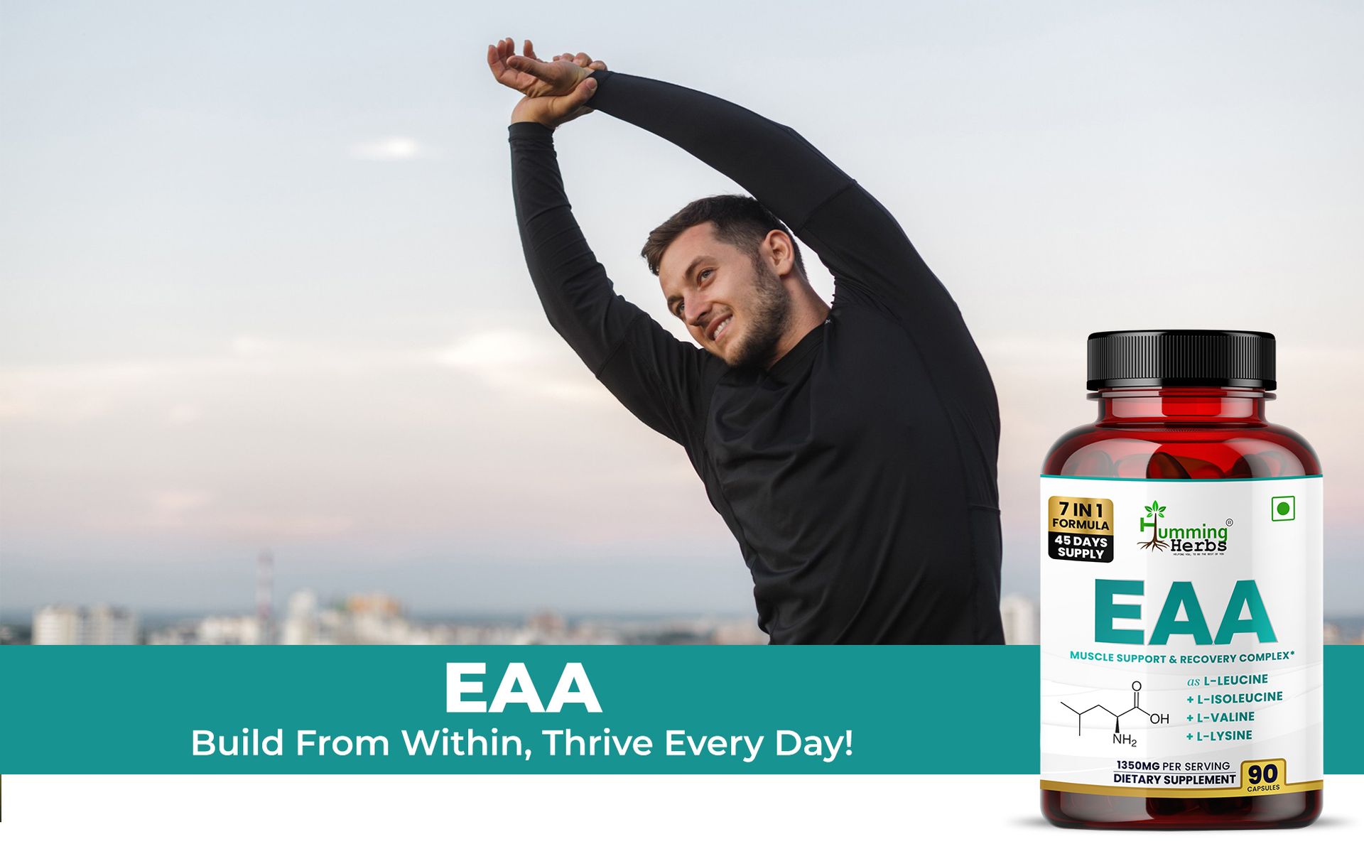 Humming Herbs EAA with Leucine, Isoleucine, Valine, Lysine, Methionine & More | 1350mg | 90 Capsules | 7-in-1 Formula | 45 Days Supply