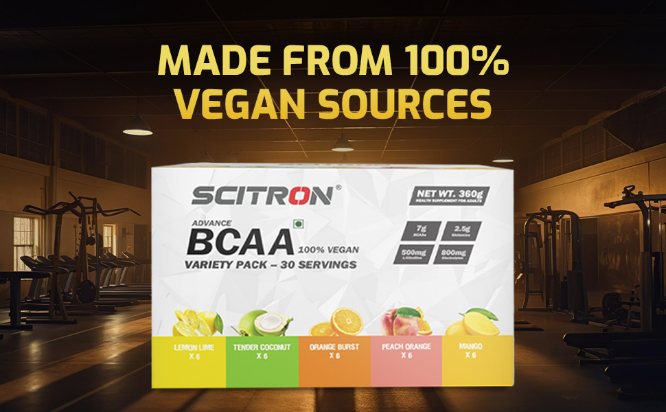 Scitron Advanced 100% VEGAN BCAA Variety Pack | Build Lean Muscle, Recover Faster | 5 Flavours Variety Box – 30 Servings (6 Single Servings of each flavour - Lemon Lime, Tender Coconut, Orange Burst, Peach Orange, Mango)