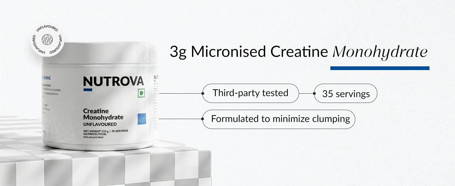 NUTROVA Creatine Monohydrate (Unflavoured) | 100% Micronised for Solubility | Third-Party Tested | Supports Strength, Recovery & Brain Energy | 0 Calories | 35 Servings | 110g | Men & Women