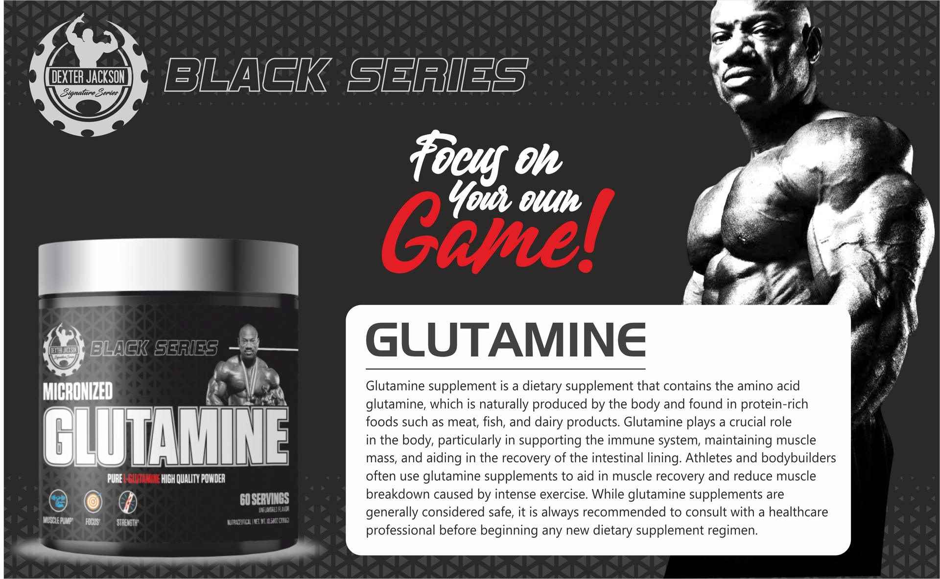 Dexter Jackson Black Series Micronized Glutamine - 60 Servings, 300gm | Muscle Recovery and Immune Support - Essential Amino Acid