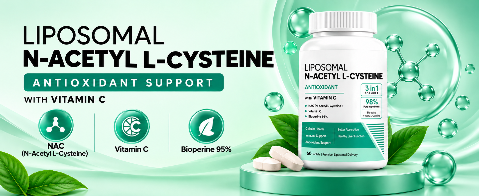 Liposomal NAC Supplement 600mg | N-Acetyl L-Cysteine with Vitamin C & Bioperine |Support Lung Detox, Deep Breathing & Liver Health | Antioxidant Supplement | 60 Veg Tablets