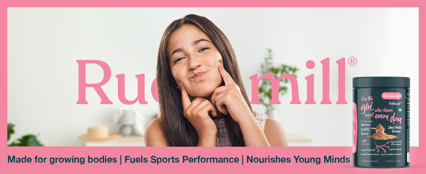 Ruokamill Teen Girls Nutrition Mix | Age 13-18y | Supports Growth, Focus, Hormonal Balance & Immunity | 30 Nutrients, 13g Protein, Omega-3, 3.4B CFU Probiotics | No Refined Sugar | (400g, Chocolate)