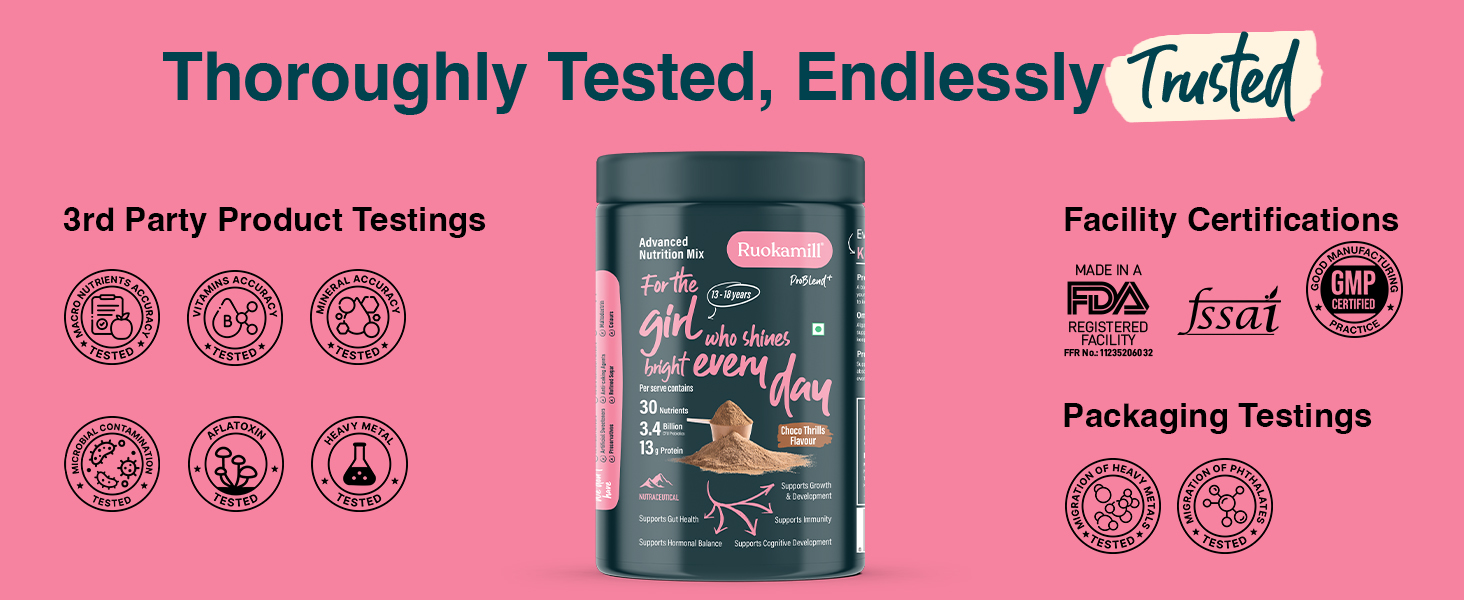 Ruokamill Teen Girls Nutrition Mix | Age 13-18y | Supports Growth, Focus, Hormonal Balance & Immunity | 30 Nutrients, 13g Protein, Omega-3, 3.4B CFU Probiotics | No Refined Sugar | (400g, Chocolate)