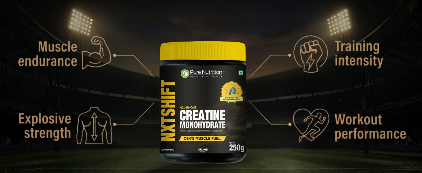 Pure Nutrition Creatine Monohydrate Powder - 250g (Orange) | All-In-One Muscle Fuel with Taurine & Magnesium | 25 Servings | Advanced Strength, Power & Recovery Formula for Men & Women