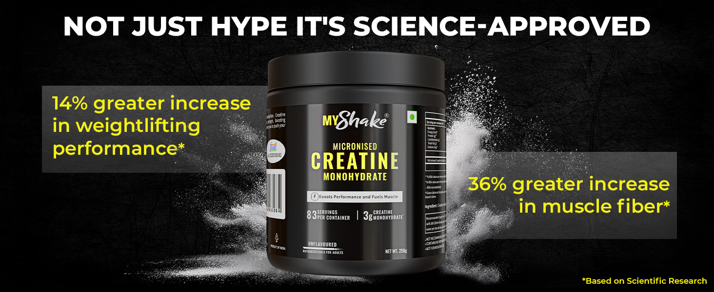 MyShake Micronised Creatine Powder - 250gm (83 Servings) | 3g Creatine Monohydrate Per Serve | Rapid Absorption, Boost Strength & Fuels Muscle | Supports Athletic Performance & Power