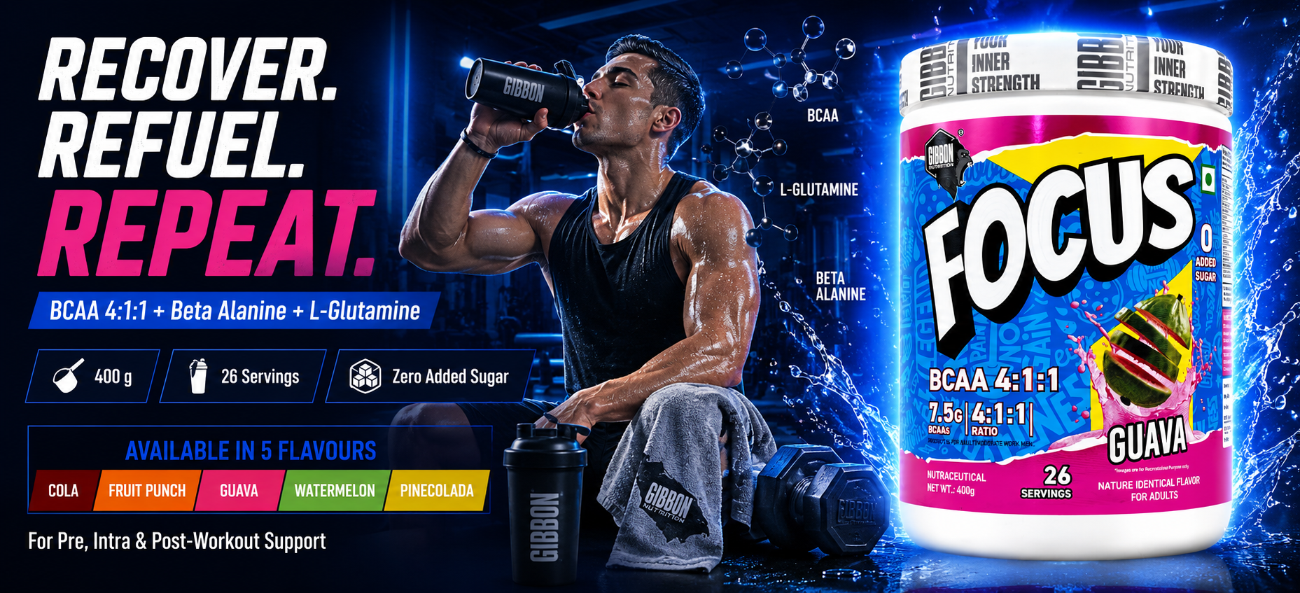 GIBBON Focus BCAA 4:1:1 Powder with Beta Alanine & L-Glutamine | Advanced Muscle Recovery & Endurance Support | Amino Acid Supplement for Lean Muscle & Performance | 400g | 26 Servings (400 Gm, Guava)