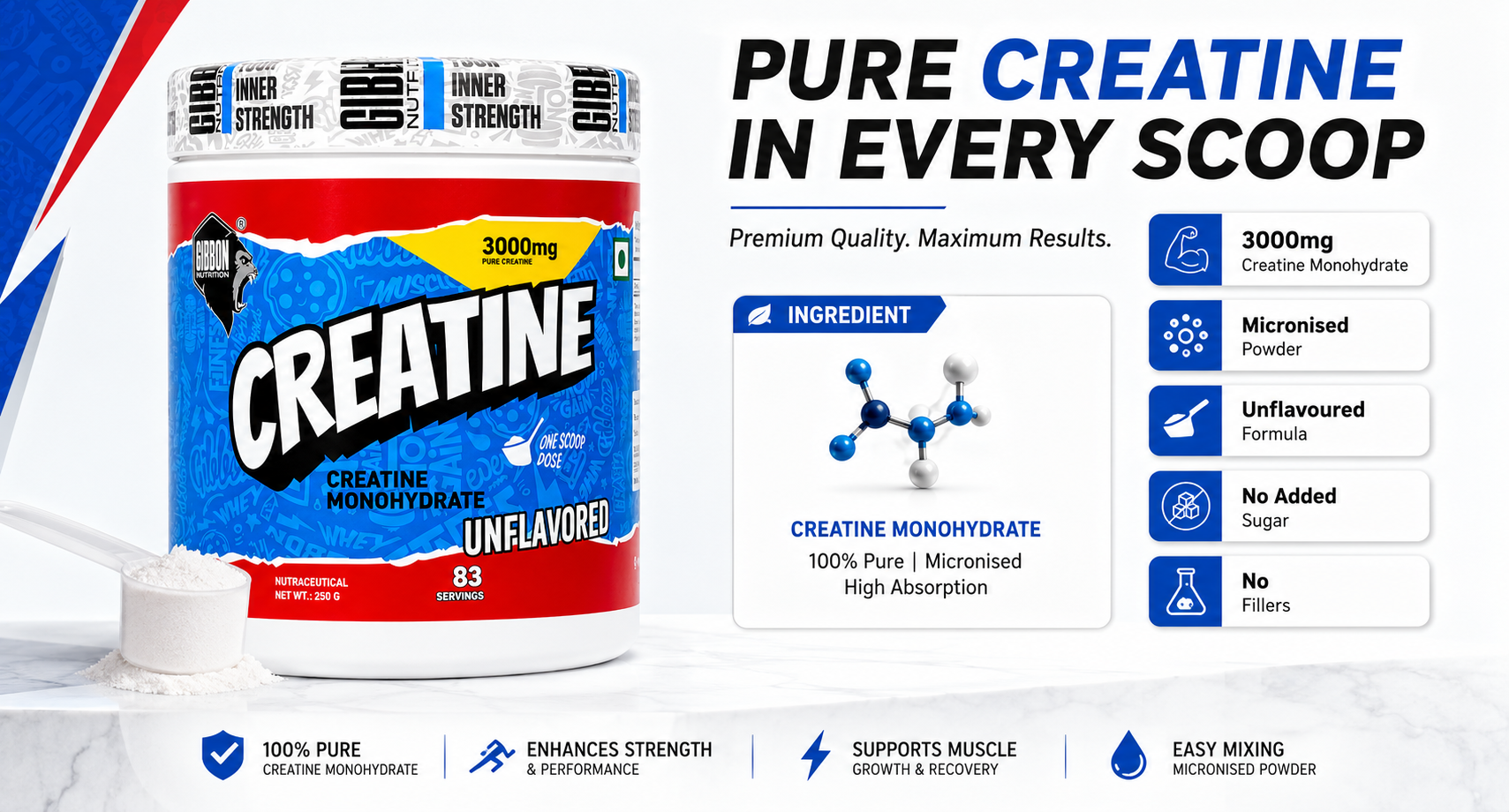 Gibbon Creatine Monohydrate Powder 250g | 3000mg Micronised Pure Creatine per Scoop | 83 Servings | Pre & Post Workout for Strength, Muscle Gain & Recovery | Unflavoured | Vegan, Lab-Tested, FSSAI